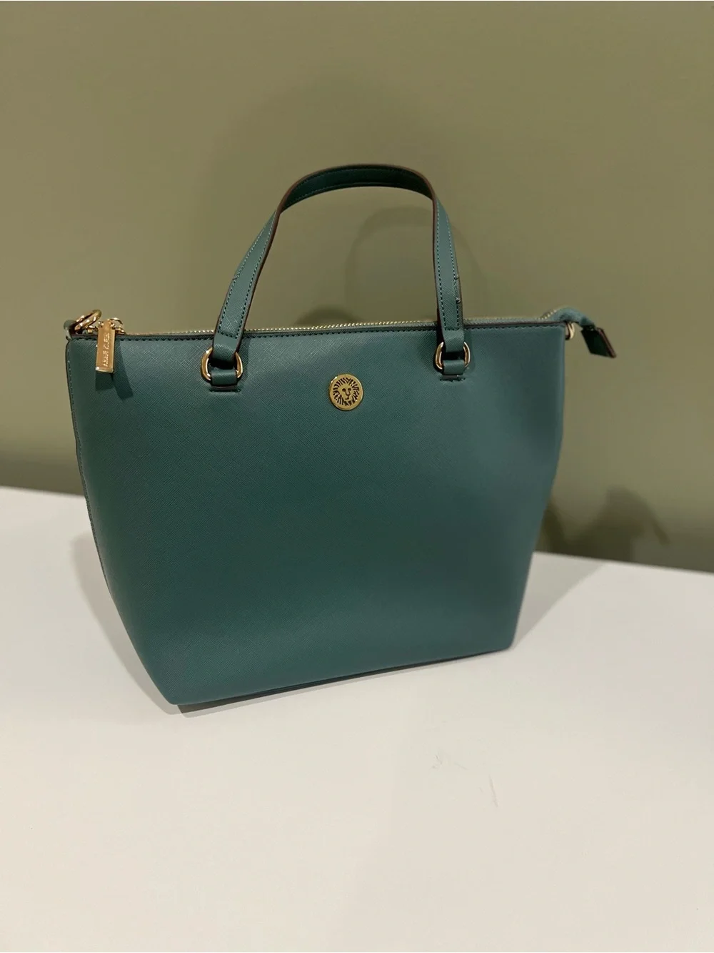 Anne Klein Teal Structured Saffiano Shoulder Tote with Gold Accent